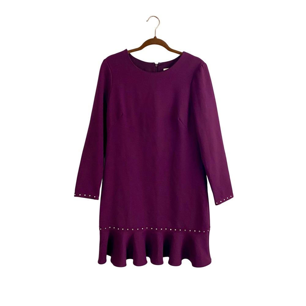 Shoshanna Studded Shift Dress 10 Plum Purple Long Sleeve Flounce Hem Mini Crepe
